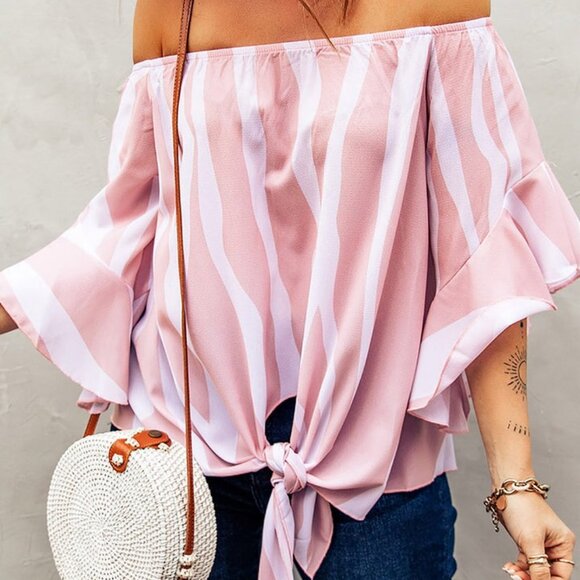 HOST PICK nwt Pink/White Stripes Off Shoulder Blouse Top L - Picture 4 of 5